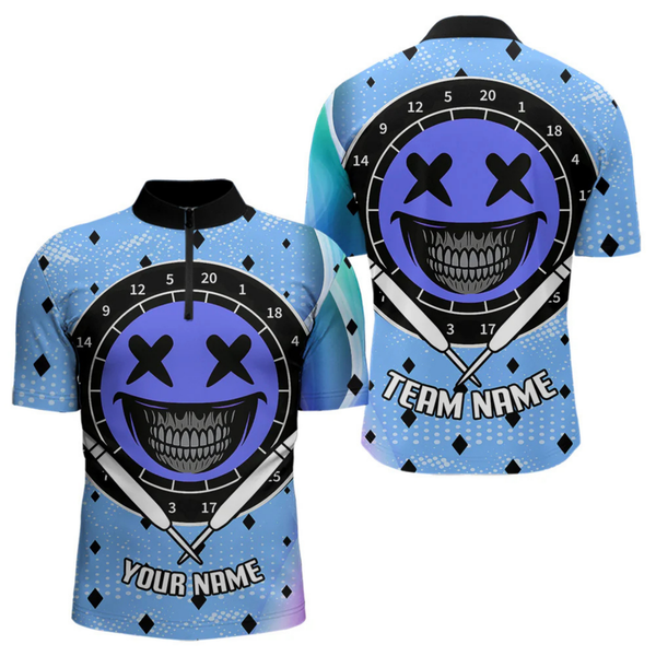 Maxcorners Smile Face Dartboard Custom Funny Blue Dart Shirts For Men, Dart Team Jerseys LM064