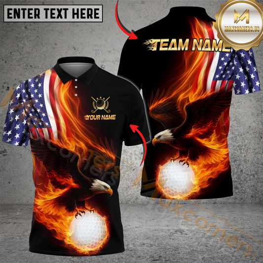 Maxcorners Patriotic Fire Eagle Golf Polo Customized Name, Team Name 3D Shirts