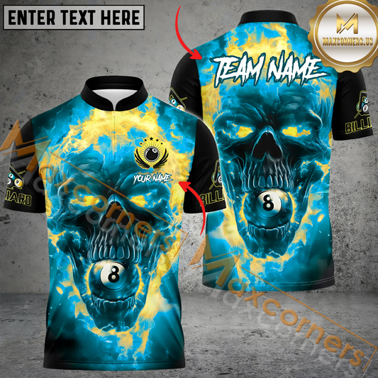Maxcorners Skull Flame Billiard Jersey Multicolor Options Personalized Name, Team Name 3D Polo Shirt (4 Colors)