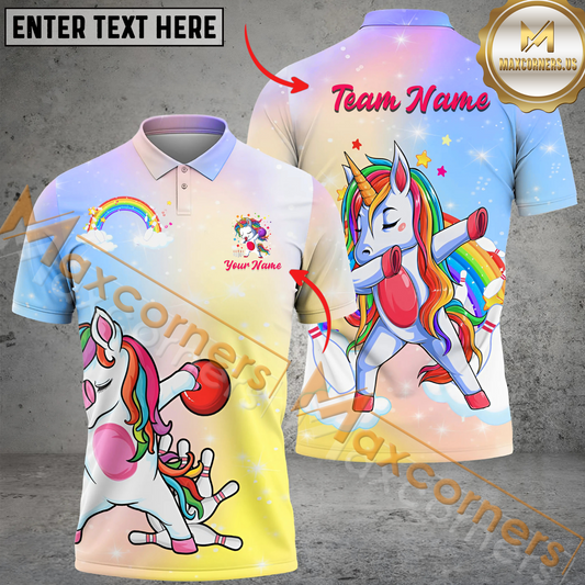Maxcorners Funny Unicorn Bowling Jersey Multicolor Option Customized Name, Team Name 3D Polo Shirt
