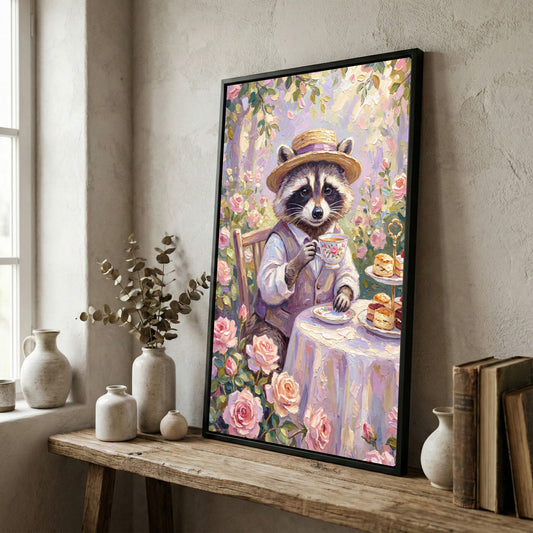 Maxcorners Raccoon Tea Party in Rose Garden Vintage Painting Canvas Wall Art