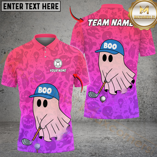 Maxcorners Boo Ghost Funny Golf Polo Shirt, Customized Name & Team Name 3D Shirts (4 Colors)