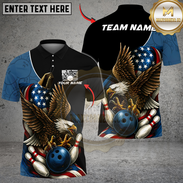 Maxcorners Bowling And Pins Patriot Eagle Flag Customized Name, Team Name 3D Shirt (4 Colors)
