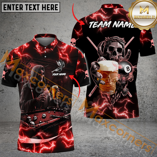 Maxcorners Ball 8 Skull Hell Reaper And Beer Billiard Jersey Multicolor Options Personalized Name, Team Name 3D Polo Shirt (4 Colors)
