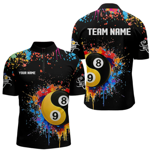 Maxcorners Funny Yin Yang 8 Ball & 9 Ball Colorful Splash Custom Men's Billiard Shirts, Pool Jerseys| BLACK LM1805