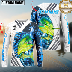 Maxcorners Mahi-Mahi Fishing White Blue Lava Sun Protection Personalized Name, Team Name Long Sleeve Shirt