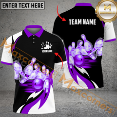Maxcorners Ball And Pins Broken Fire Pattern Bowling Jersey Multicolor Option Customized Name, Team Name 3D Polo Shirt