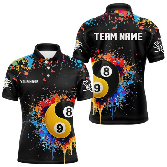Maxcorners Funny Yin Yang 8 Ball & 9 Ball Colorful Splash Custom Men's Billiard Shirts, Pool Jerseys| BLACK LM1805