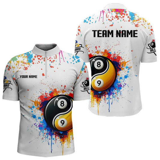 Maxcorners Funny Ying And Yang 8 Ball & 9 Ball Colorful Splash Custom Billiard Shirt For Men, Billiard Jersey LM1805