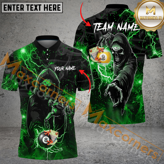 Maxcorners Ball 8 Skull Thunder Lightning Frog Style Billiard Jersey Multicolor Options Personalized Name, Team Name 3D Polo Shirt (4 Colors)