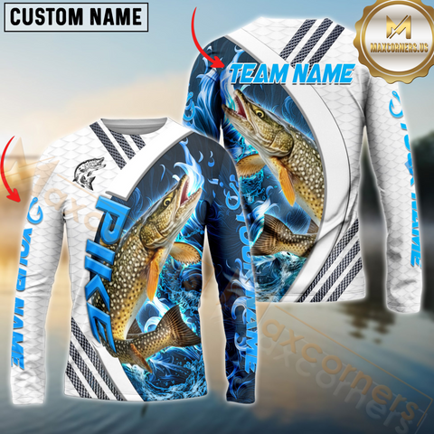 Maxcorners Pike Fishing White Blue Lava Sun Protection Personalized Name, Team Name Long Sleeve Shirt