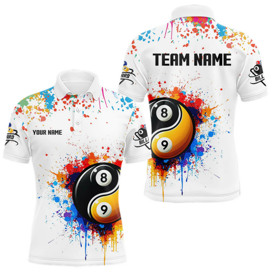 Maxcorners Funny Ying And Yang 8 Ball & 9 Ball Colorful Splash Custom Billiard Shirt For Men, Billiard Jersey LM1805
