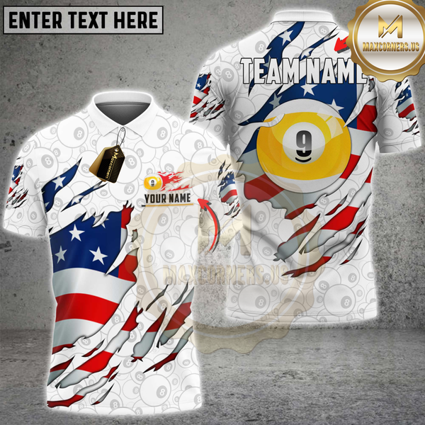 Maxcorners Billiards 9-Ball American Flag Torn Design Personalized Name 3D Unisex Shirt