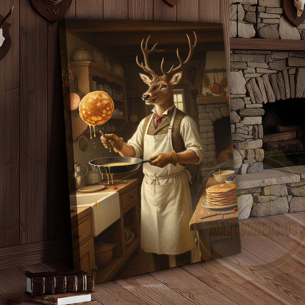 Maxcorners Deer Playing Poker with Friends in Cabin Bar Wrapped Canvas