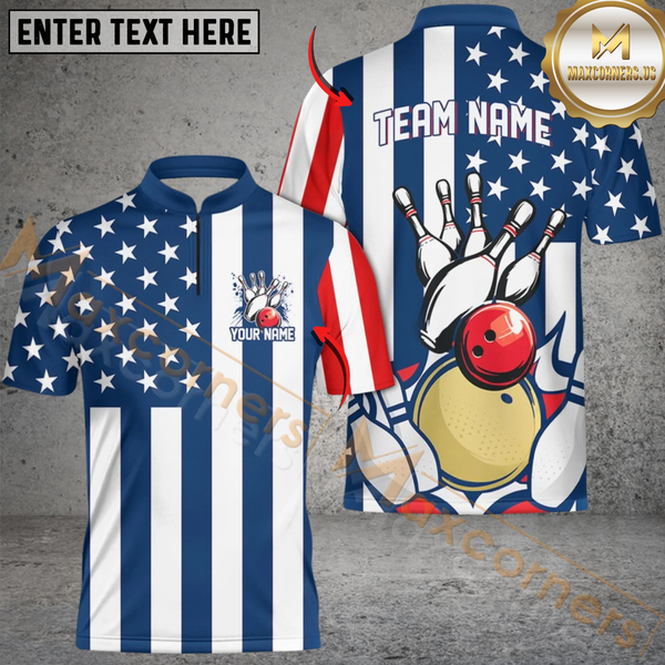 Maxcorners Bowling American Flag Personalized Name, Team Name Unisex 3D Shirts