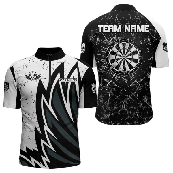 Maxcorners Personalized Black White Break Glass Dart Shirts For Men Custom Wings Dart Jersey Polo & 1/4 Zip LM184