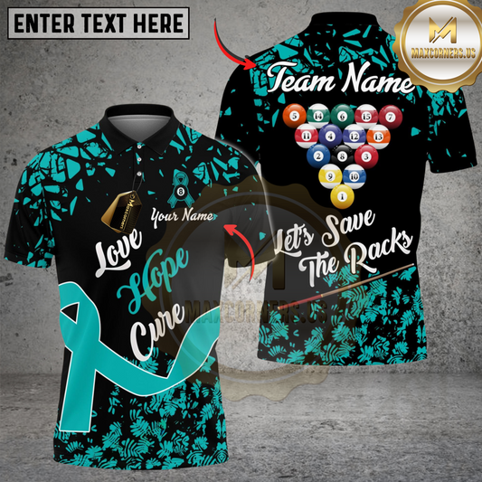 Maxcorners Billiards Ball 8 Love Hope Cure For Awareness Personalized Name, Team Name Unisex Shirt (4 Colors)
