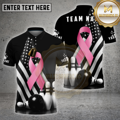 Maxcorners Bowling Shirt Pink Ribbon American Flag Multi Options Personalized Name, Team Name 3D Shirt