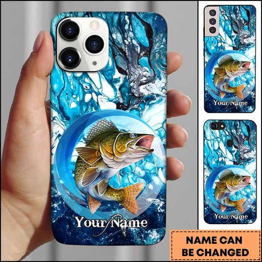 Maxcorners Walleye Fishing Blue Water Circle Art Personalized Name 3D Phone Case