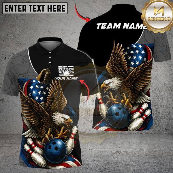 Maxcorners Bowling And Pins Patriot Eagle Flag Customized Name, Team Name 3D Shirt (4 Colors)