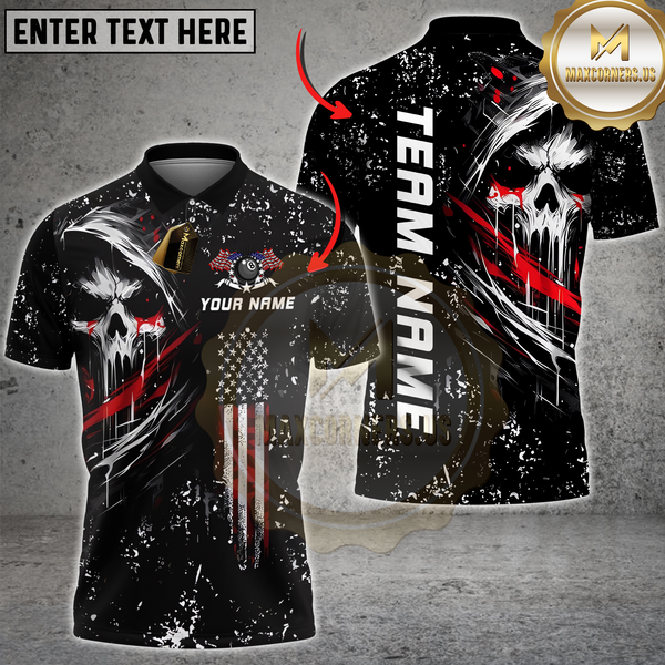 Maxcorners Billiard 8-Ball Grim Skull With American Flag Personalized Name 3D Unisex Shirt