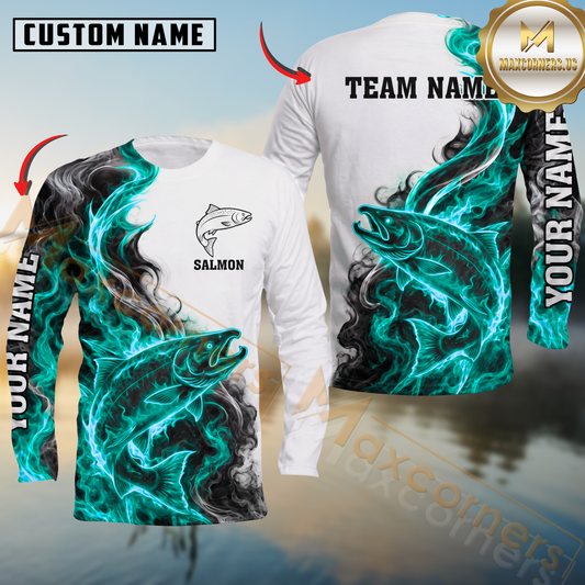 Maxcorners Fishing Aqua Flame Smoke Design Sun Protection Personalized Name, Team Name Long Sleeve Shirt