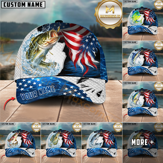 Maxcorners Fishing Largemouth Bass USA Flag Custom Name Personalized Cap (12 Fish Species)