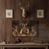 Maxcorners Deer Hunter Holding Rifle beside Fireplace Wrapped Canvas