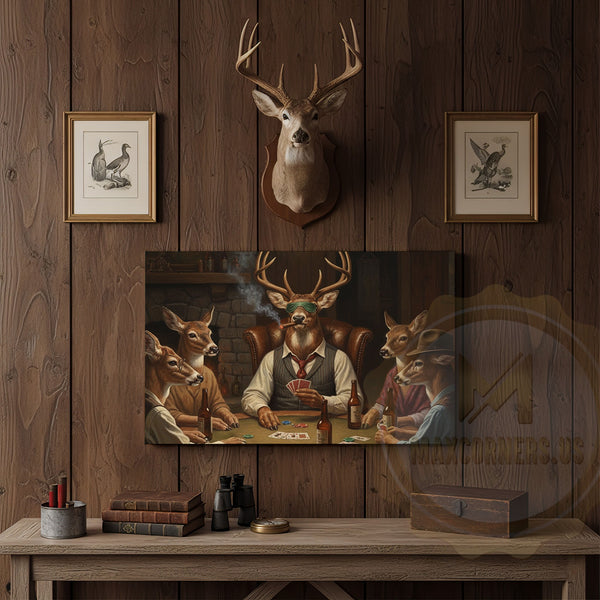 Maxcorners Deer Hunter Holding Rifle beside Fireplace Wrapped Canvas