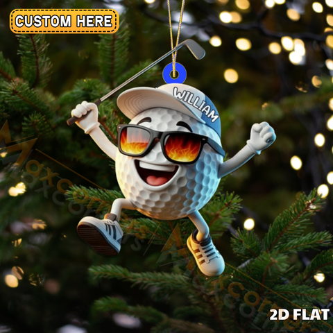 Maxcorners Cool Golf Ball Character Flaming Shades Personalized Name Christmas Ornament 2D Flat