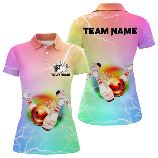 Maxcorners Gradient Colorful Rainbow Lightning Thunder Storm Bowling Shirts For Men Custom Team Bowling Jerseys LM105