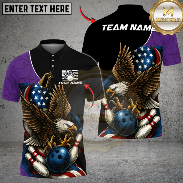 Maxcorners Bowling And Pins Patriot Eagle Flag Customized Name, Team Name 3D Shirt (4 Colors)