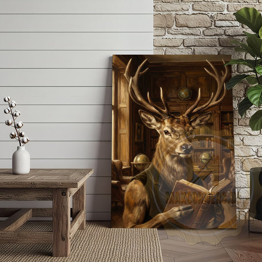 Maxcorners Intellectual Deer Canvas Art - Reading Stag in Library Print
