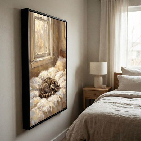 Maxcorners Sleeping Raccoon on Cozy Bed Soft Morning Light Canvas Wall Art