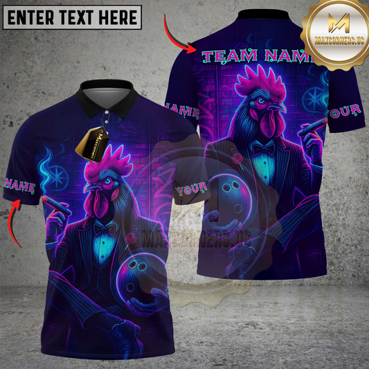 Maxcorners Bowling Neon Rooster Multicolor Customized Name, Team Name 3D Shirts
