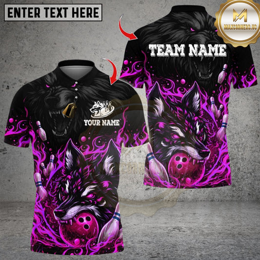 Maxcorners Bowling Flaming Pins and Angry Wolf Multicolor Customized Name, Team Name 3D Shirts