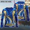 Maxcorners Fishing Blue Gold Tournament Multicolor Options Personalized Name, Team Name 3D Long Sleeve Shirt ( 12 Fish Species)