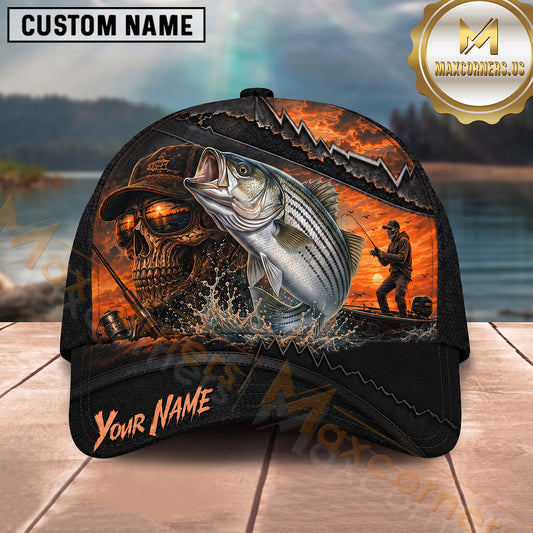 Maxcorners Fishing Epic Sunset Fishing Skull with Dramatic Angler and Boat Scene Personalized Name 3D Cap (13 Fish Species)