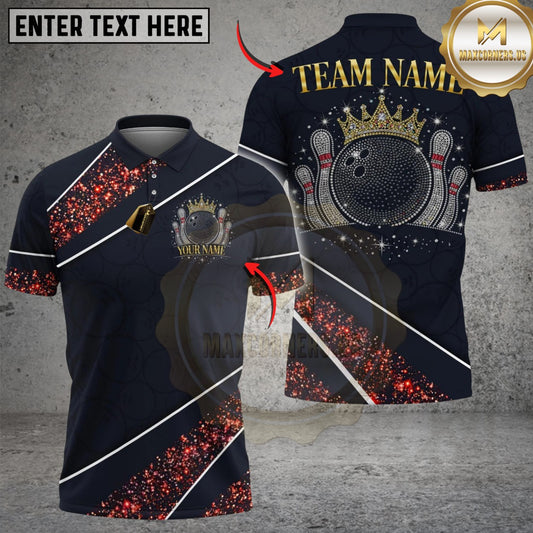 Maxcorners Bowling And Pins Glitter Sparkling Crown Customized Name, Team Name 3D Shirt (6 Colors)