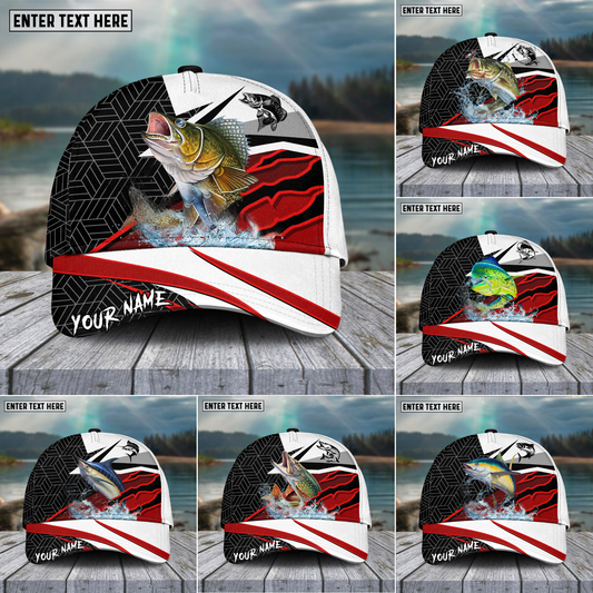 Maxcorners Fishing Red White Pattern Sport Pattern Personalized Name 3D Cap (11 Breeds)