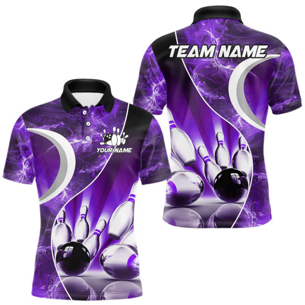 Maxcorners Purple Light Pattern Bowling Polo, Quarter Zip Shirts For Men Custom Bowling Team League Jerseys LM105