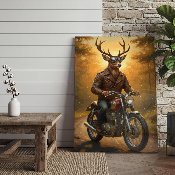 Maxcorners Deer Biker in Leather Jacket Riding Motorcycle Wrapped Canvas