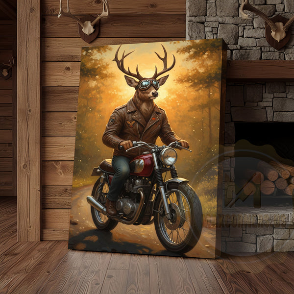 Maxcorners Deer Biker in Leather Jacket Riding Motorcycle Wrapped Canvas