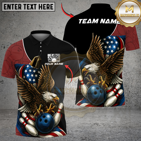 Maxcorners Bowling And Pins Patriot Eagle Flag Customized Name, Team Name 3D Shirt (4 Colors)