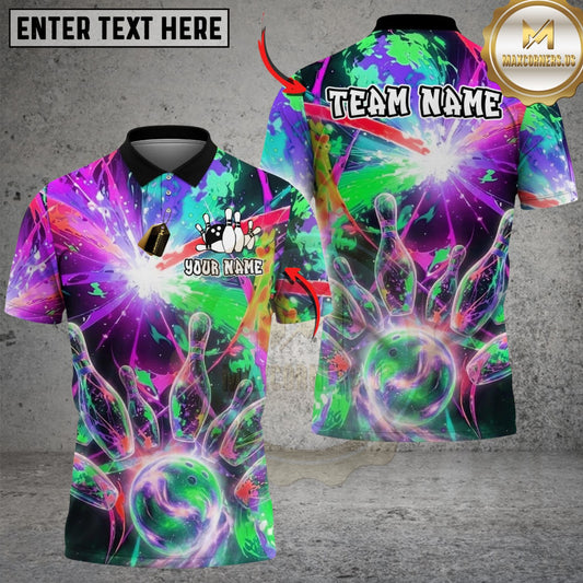 Maxcorners Bowling And Pins Vibrant Nebula Customized Name, Team Name 3D Shirt (4 Colors)