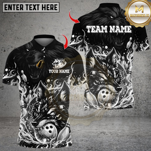 Maxcorners Bowling Flaming Pins and Angry Wolf Multicolor Customized Name, Team Name 3D Shirts