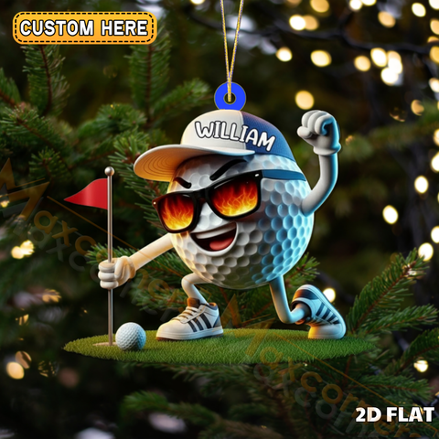 Maxcorners Cool Golf Ball Character Kneeling With Flag Flaming Shades Personalized Name Christmas Ornament 2D Flat