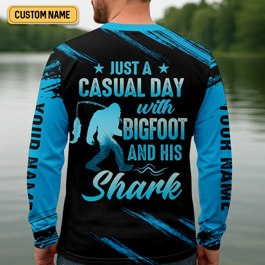 Maxcorners Just A Casual Day With Bigfoot And His Shark Fishing UPF Shirts, Funny Fishing Shirt, Presents For Fishermen