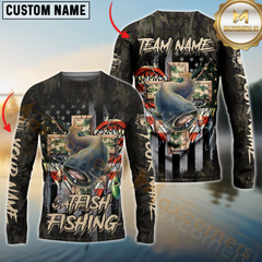 Maxcorners Catfish Fishing American Flag Camo Cross Gear Sun Protection Personalized Name, Team Name Long Sleeve Shirt