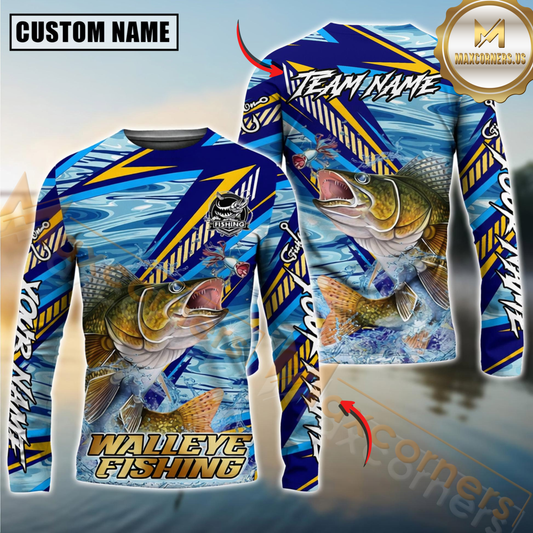 Maxcorners Walleye Fishing Yellow Blue Lightning Pattern Design Custom Name & Team Name 3D Shirts
